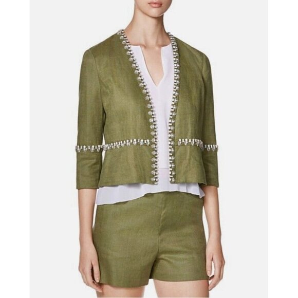NEW! TORY BURCH Avery Hills Embellished Jacket Linen Blend Green SZ 4 - Picture 4 of 16